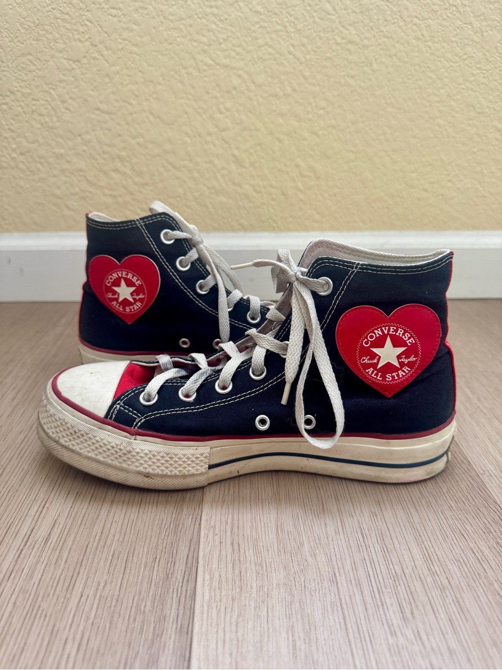 Custom Black and Red Platform Converse High Tops with Red Heart Patches